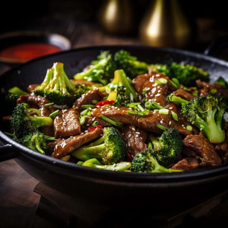 Freshly cooked Beef and Broccoli Stir-Fry in a hot wok, showcasing the rich colors and textures of the dish