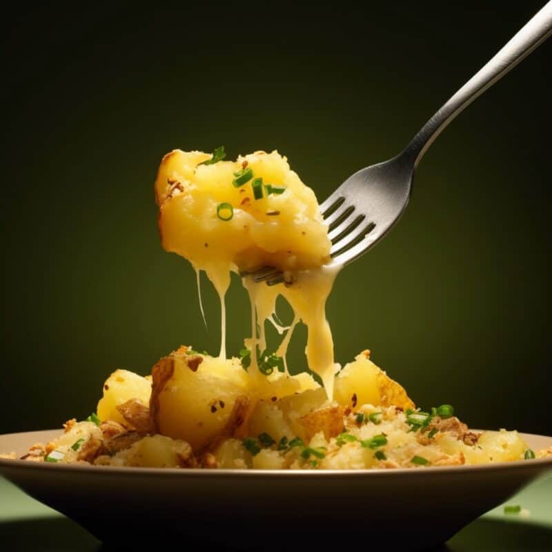A fork digging into a freshly cooked Potatoes Romanoff. The best potato recipes.