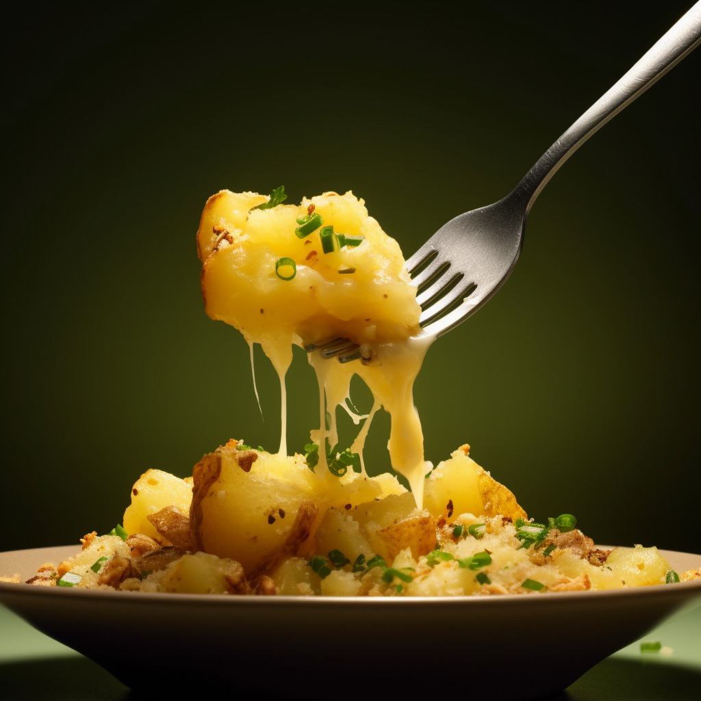 A fork digging into a freshly cooked Potatoes Romanoff. The best potato recipes.