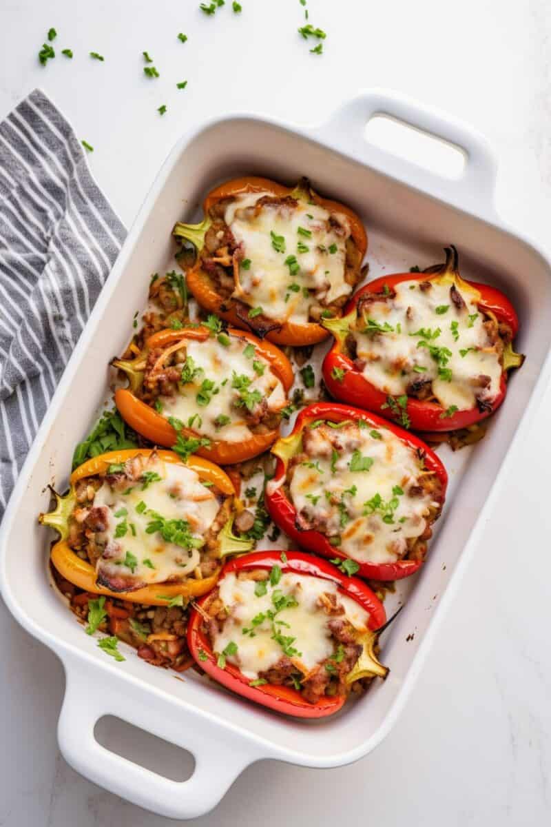 Overhead shot of a baking tray filled with vibrant bell peppers stuffed with savory ground beef and melted mozzarella cheese, fresh out of the oven.