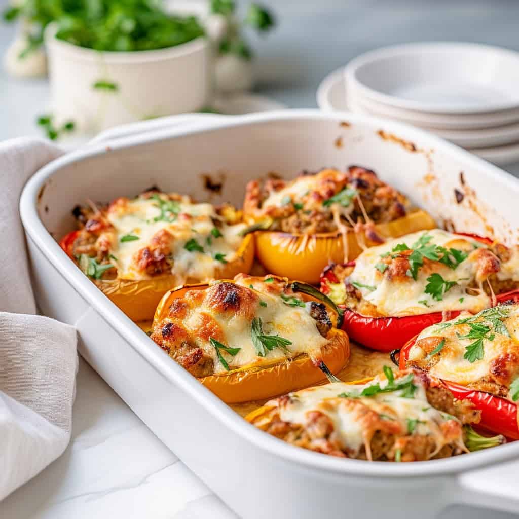 Golden-brown Cheese Steak Stuffed Peppers fresh out of the oven, with melted mozzarella cheese on top, in a ceramic baking dish.
