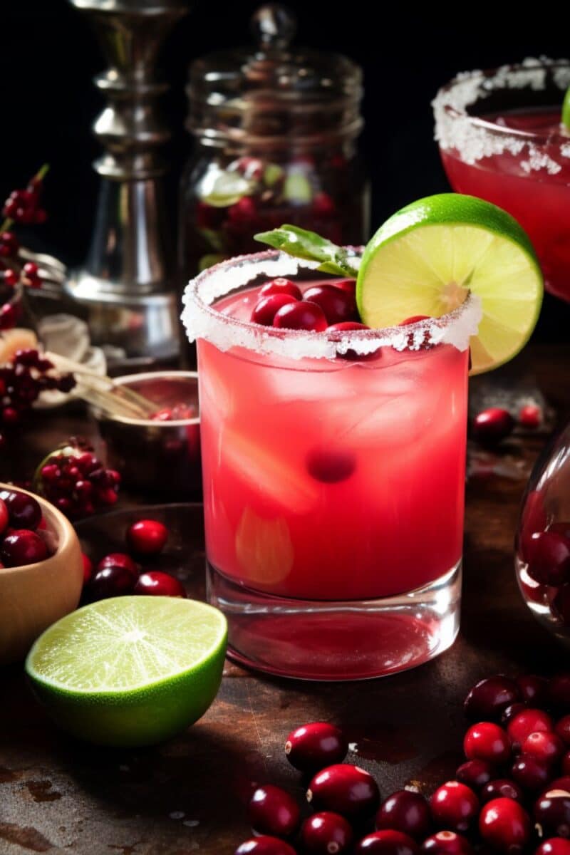 A vibrant red Cranberry Margarita garnished with a lime wheel and fresh cranberries, served in a salt-rimmed glass.