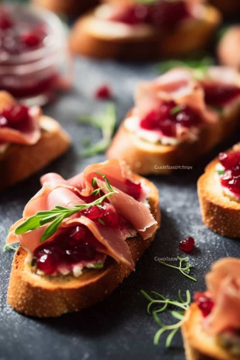 Crispy baguette slices topped with creamy goat cheese, tangy cranberry sauce, and savory prosciutto for a festive Cranberry and Prosciutto Crostini appetizer.