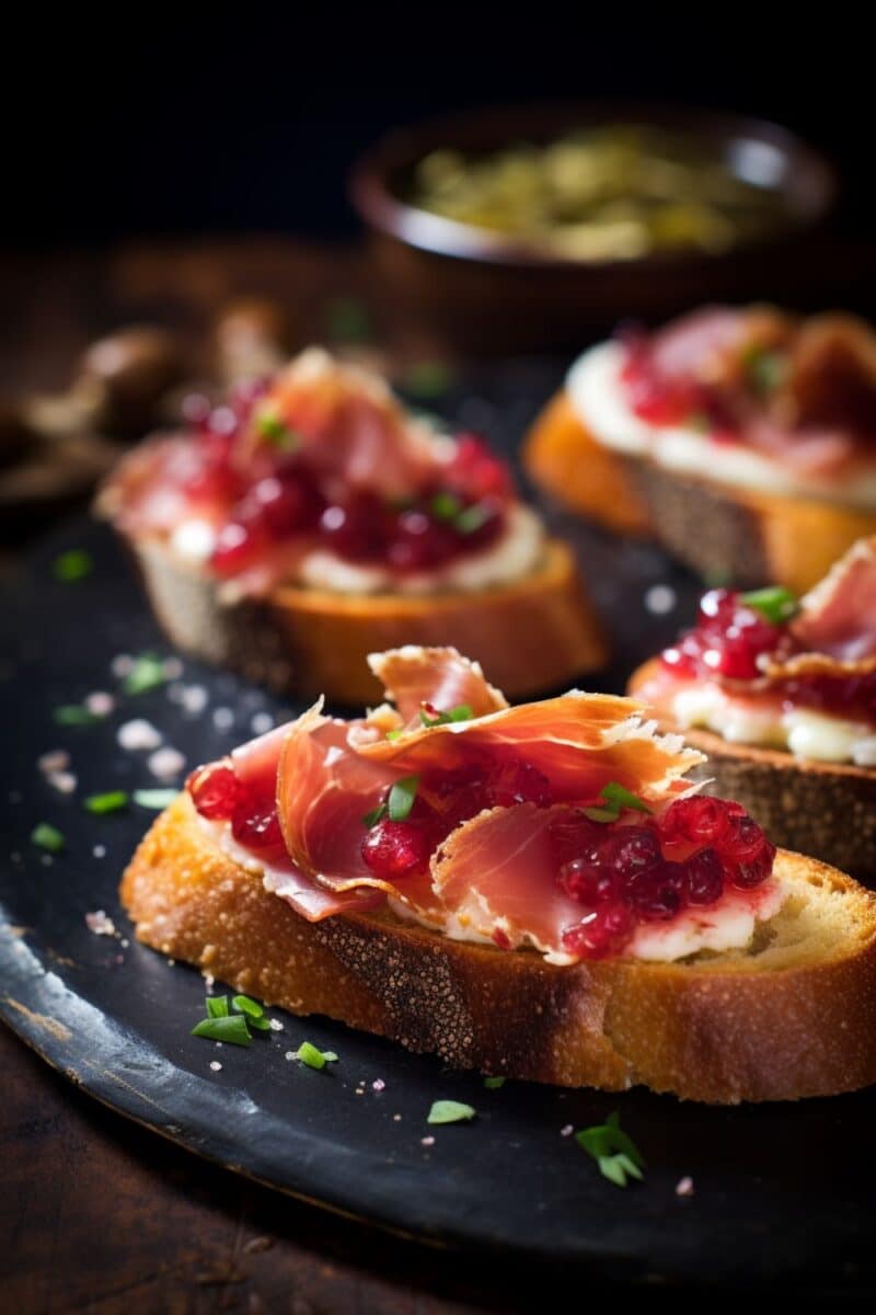 Crispy baguette slices topped with creamy goat cheese, tangy cranberry sauce, and savory prosciutto for a festive Cranberry and Prosciutto Crostini appetizer.
