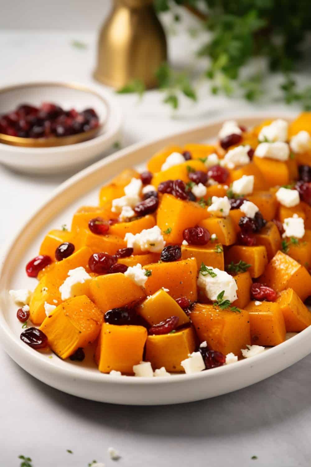 Delicious Honey Roasted Butternut Squash with Cranberries and Feta, garnished with fresh herbs, served as a vibrant, sweet, and savory side dish on a white plate.