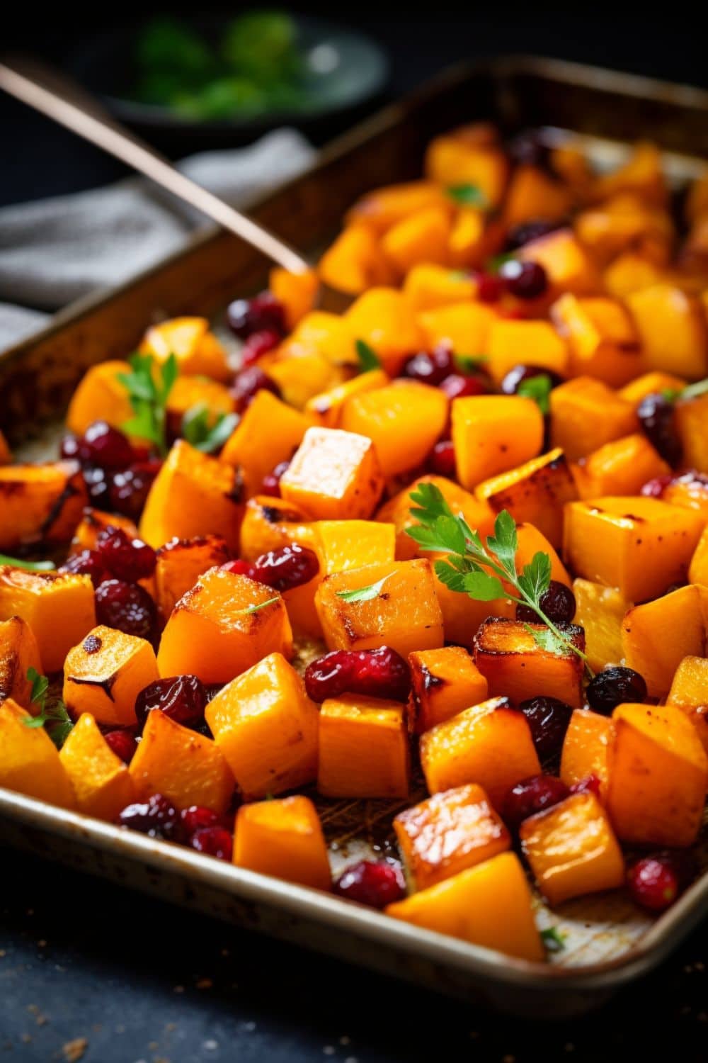 Roasted butternut squash with caramelized edges and fresh cranberries on a baking tray.