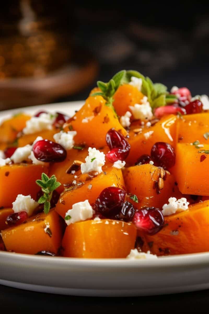 Close-up of caramelized butternut squash pieces with a hint of honey glaze, dotted with fresh cranberries and creamy feta.