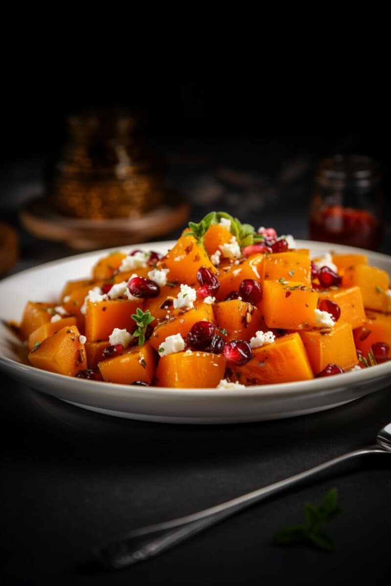 Golden honey-roasted butternut squash cubes garnished with vibrant cranberries and crumbled feta.