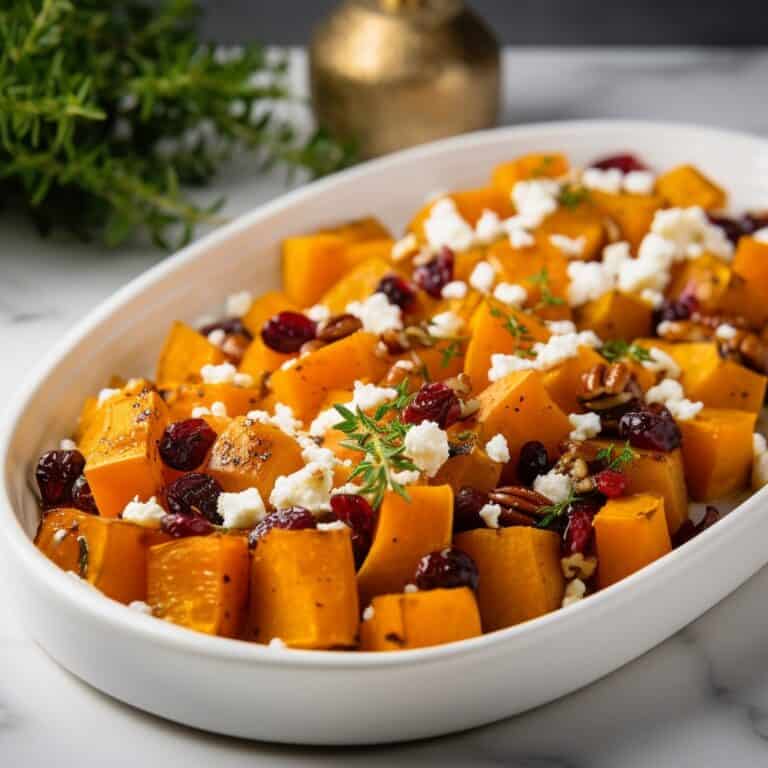 Final dish of Honey Roasted Butternut Squash with Cranberries, garnished with crumbled feta.