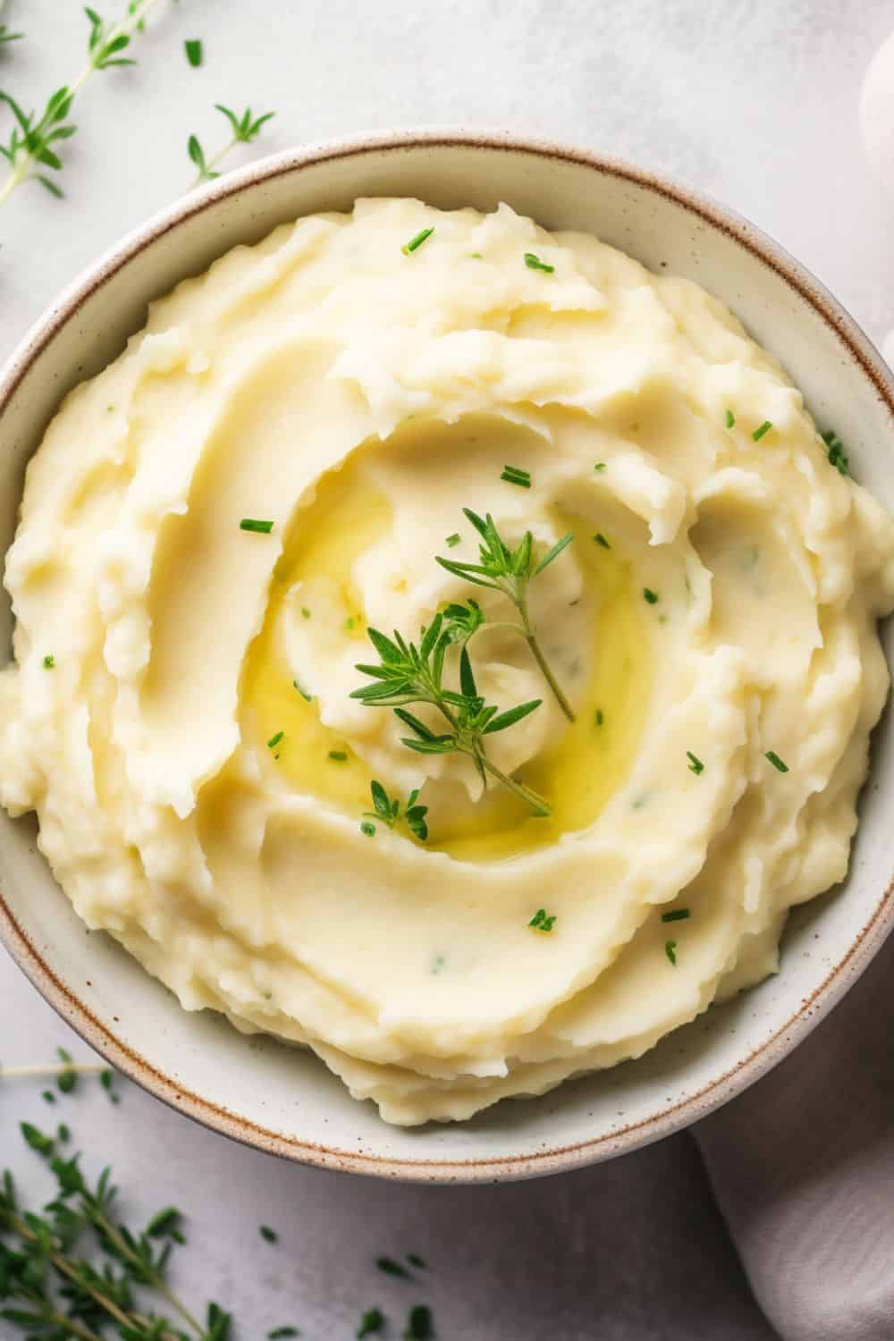 Top view of a bowl of creamy Instant Pot mashed potatoes garnished with chives and butter.