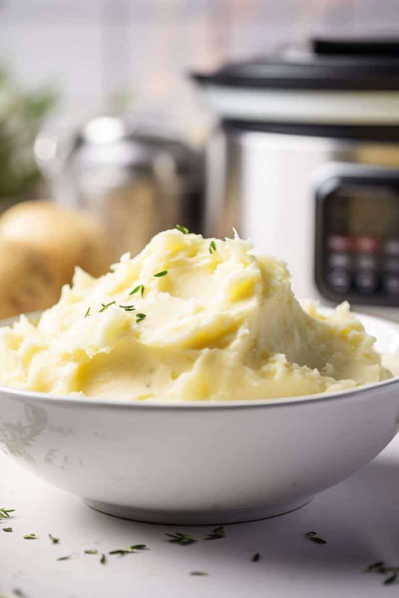 Instant Pot Mashed Potatoes in a white bowl garnished with chives.