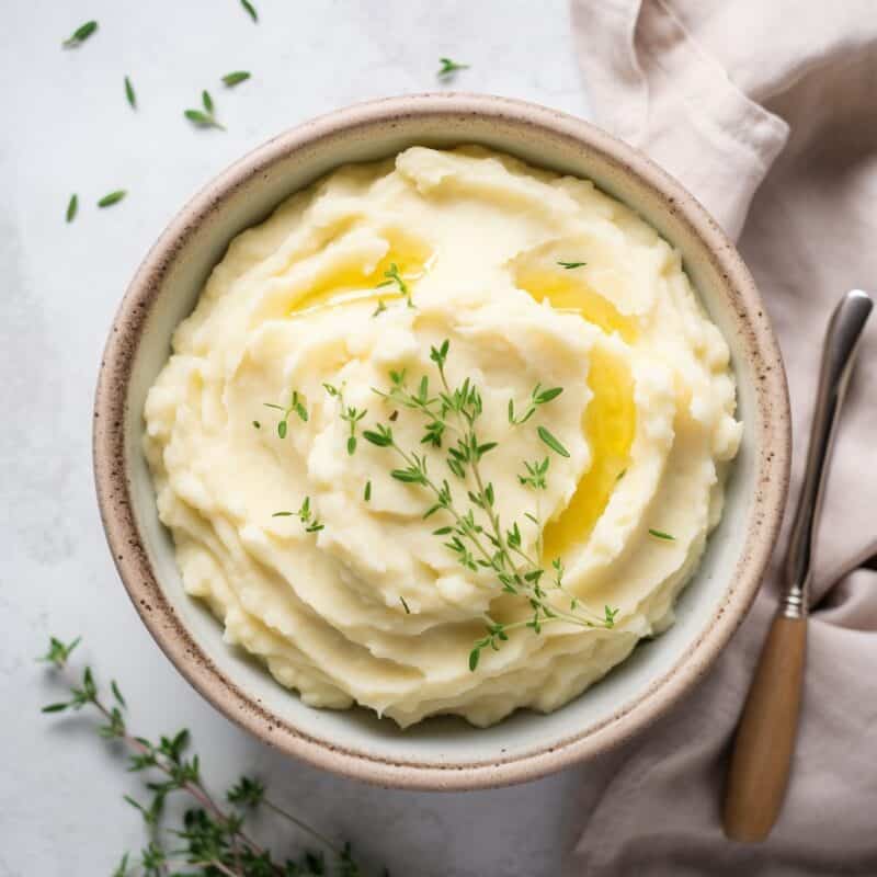 A bowl of creamy Instant Pot mashed potatoes garnished with butter and chives.