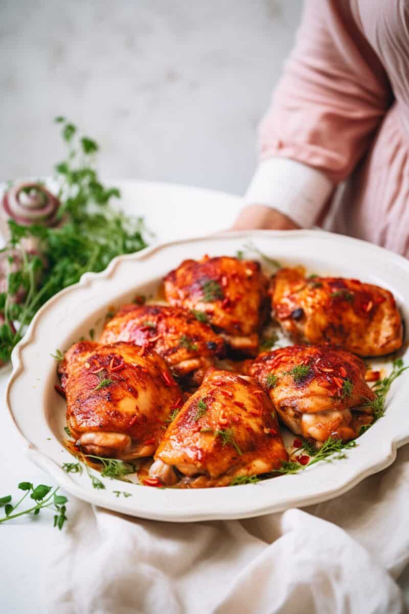 Juicy Paprika Baked Chicken Thighs freshly out of the oven, garnished with fresh herbs on a white serving plate.