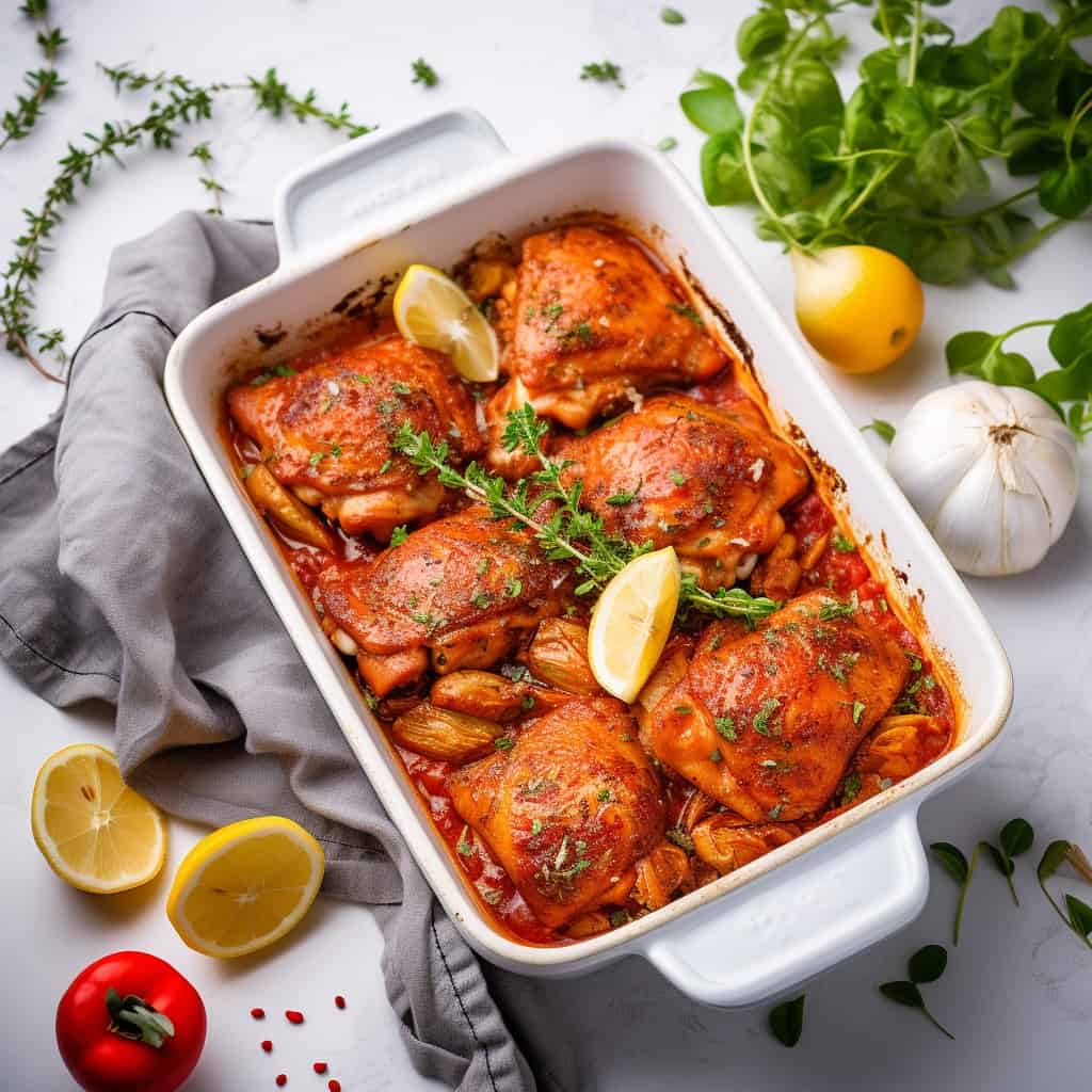 Overhead shot of Paprika Baked Chicken Thighs in a white baking dish, showcasing the rich color and seasoning.