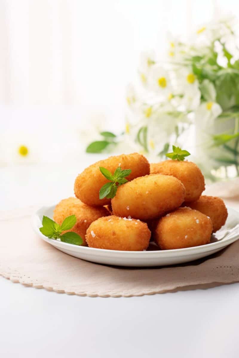 An arrangement of Potato Croquettes presented on a platter, making them a visually appealing and delicious option for dinner parties or holiday gatherings.