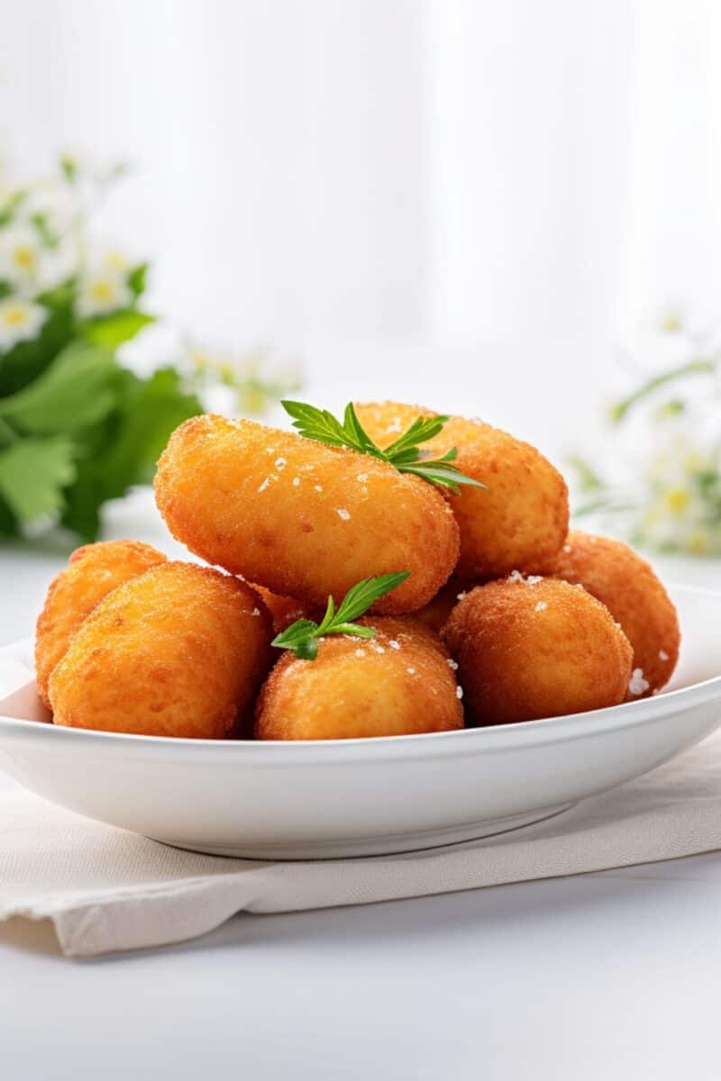 A close-up shot of golden-brown Potato Croquettes, freshly fried and glistening with a slight crunch.