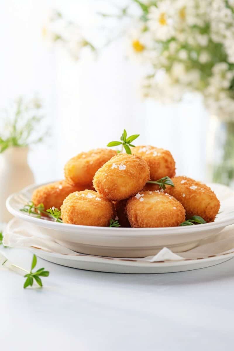 A delightful plate of golden-brown Potato Croquettes garnished with fresh parsley.