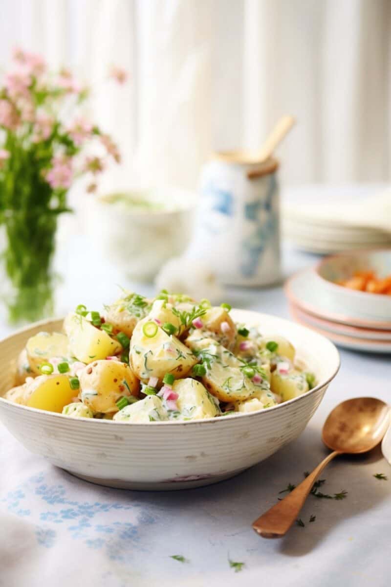 A creamy, delicious bowl of Southern Potato Salad garnished with fresh herbs, ready to be served at a family gathering.