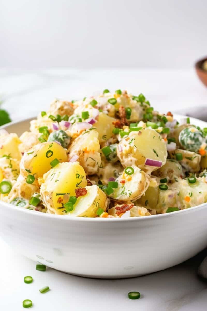 Close-up view of Southern Potato Salad with chunks of potatoes and eggs.