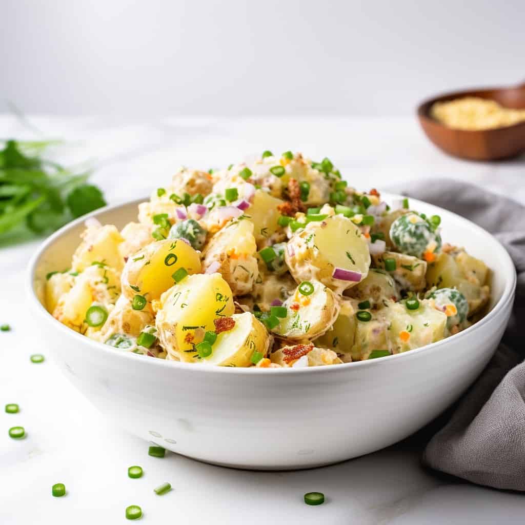 A creamy Southern Potato Salad garnished with fresh herbs, perfect as a comforting side dish.