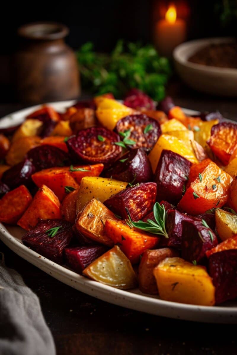 Oven roasted root vegetables beautifully displayed, capturing the essence of wholesome and satisfying vegetarian side dish.