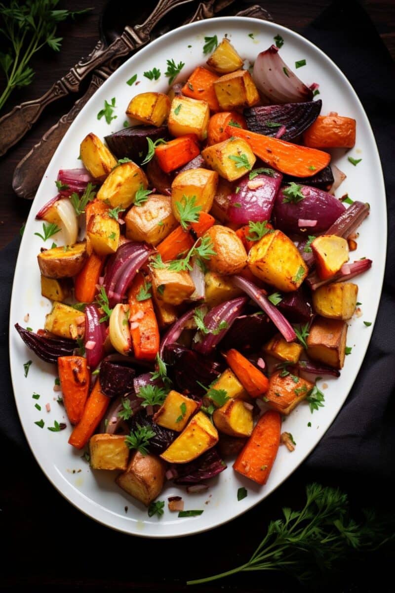 Top view of Golden-browned assortment of root vegetables straight from the oven, highlighting the rich colors of beets, yams, and carrots.