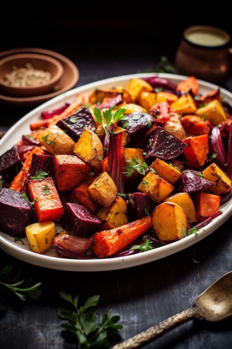 Vibrant oven roasted root vegetables served on a white platter, perfectly caramelized and seasoned, providing a warm, nutritious addition to any meal