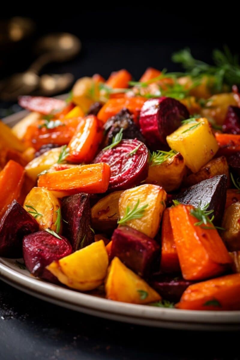 Close-up of oven-roasted root veggies, displaying the crispy edges of red potatoes, deep red beets, and tender parsnips.