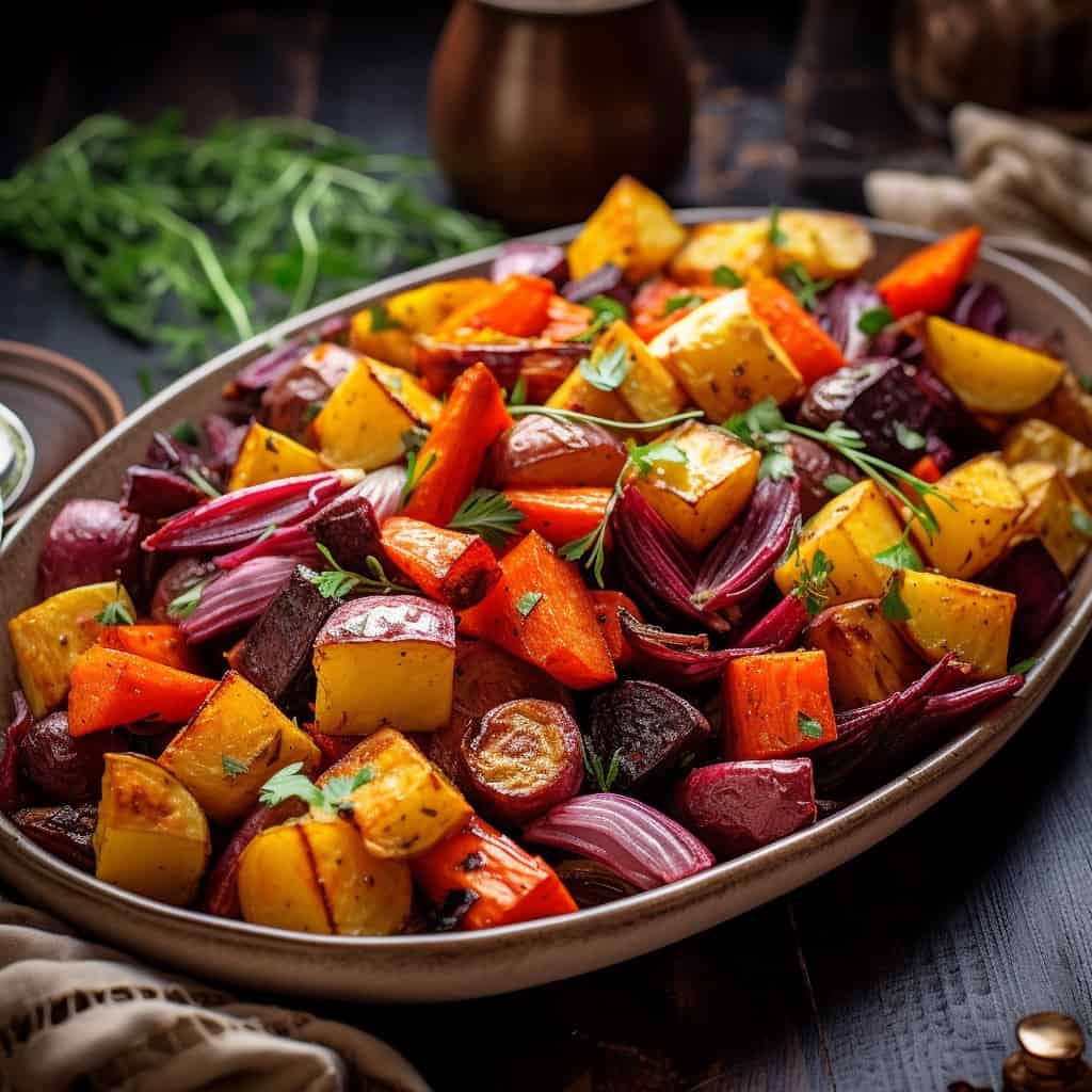 Colorful assortment of freshly oven roasted root vegetables including yams, red potatoes, beets, carrots, and parsnips, seasoned with herbs and ready to be served as a nutritious and flavorful side dish.