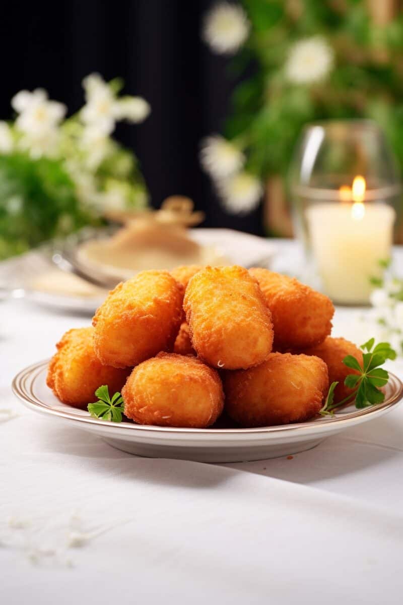 Potato Croquettes elegantly served as a party/game day appetizer, inviting guests to indulge in its crispy goodness.