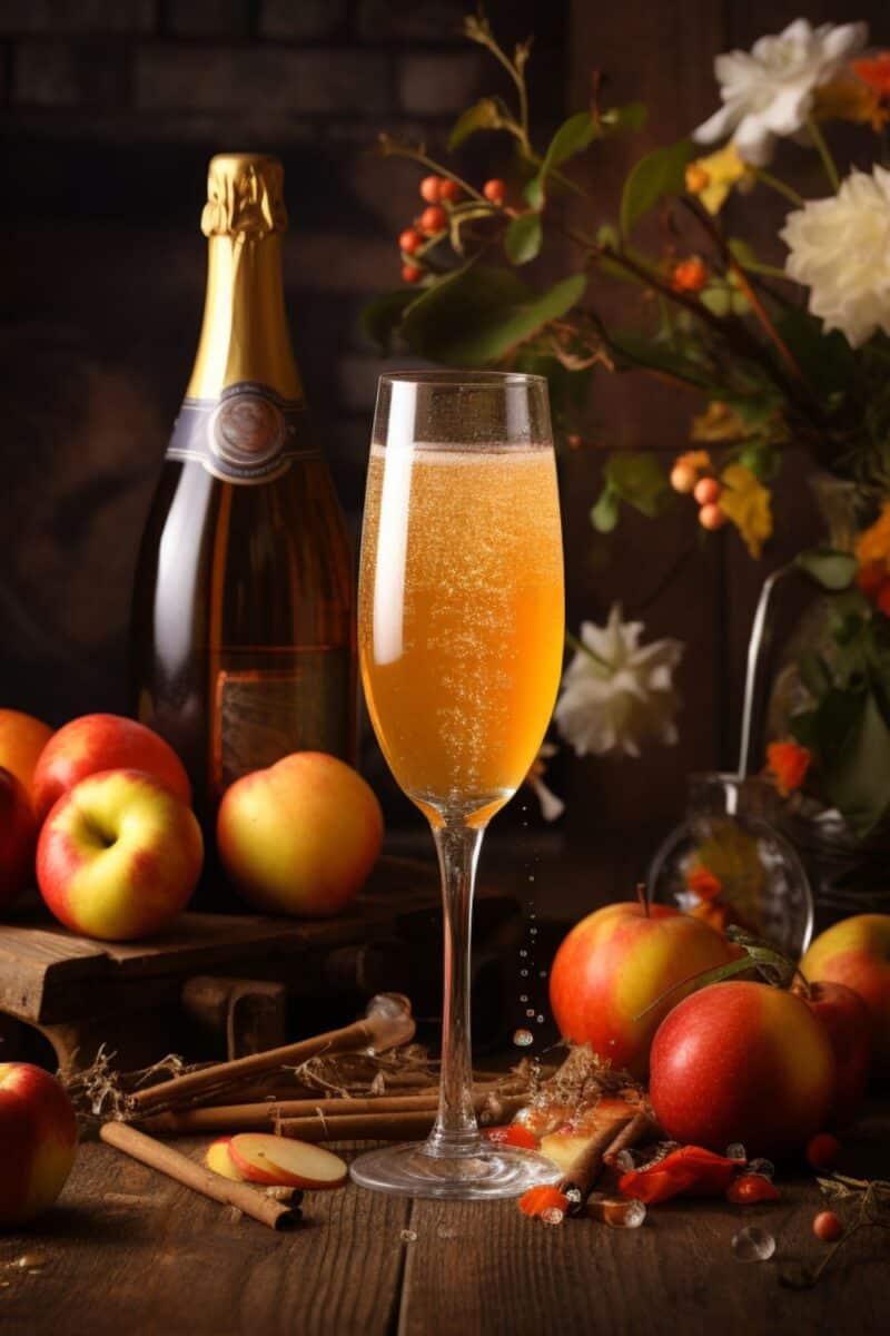 A glass of Apple Cider Mimosa with champagne bubbles, garnished with a fresh apple slice, symbolizing a festive and elegant holiday cocktail.