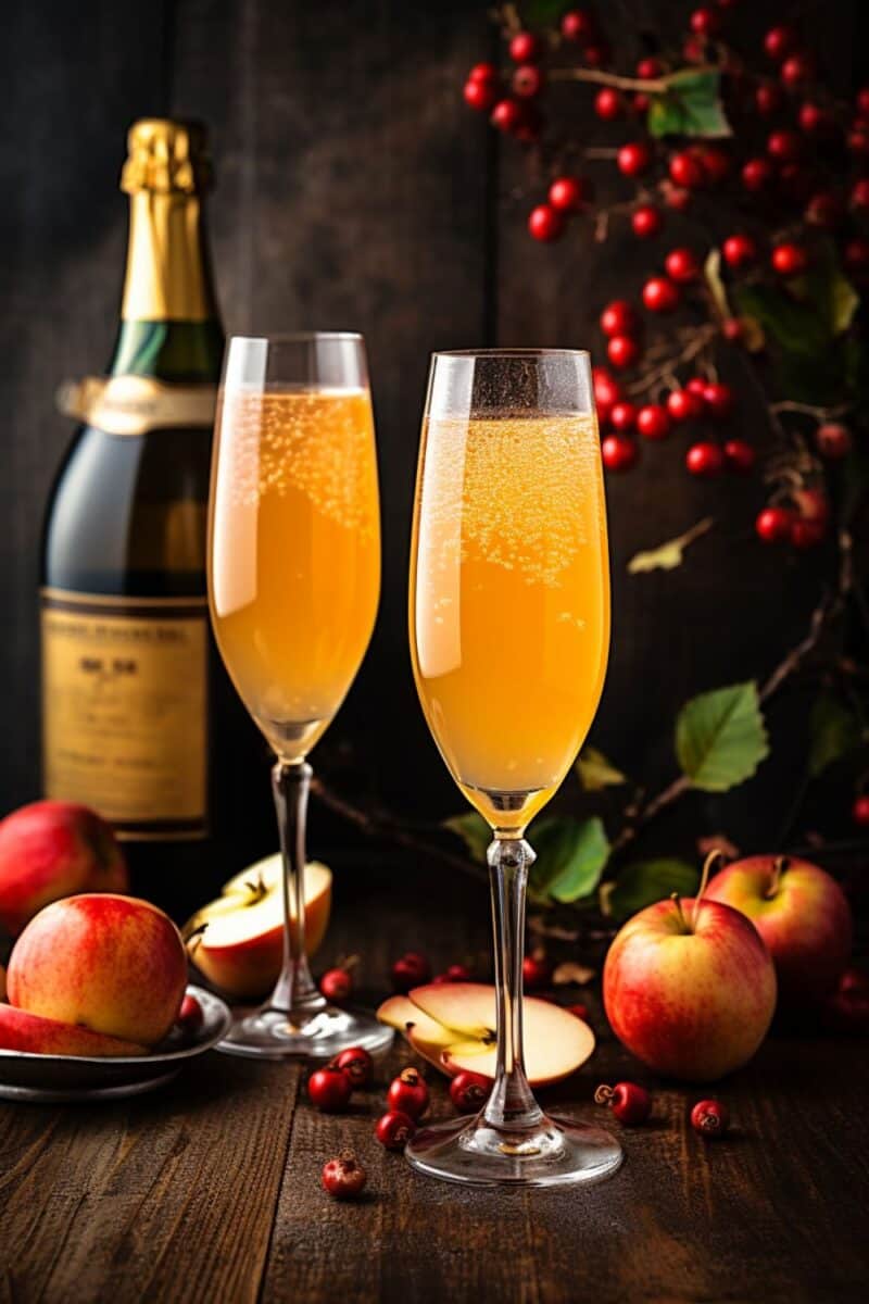 A pair of Apple Cider Mimosa cocktails, beautifully presented with bubbles and apple garnishes, symbolizing a perfect blend for holiday celebrations.