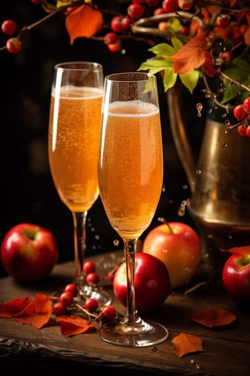 Close-up of two Apple Cider Mimosas with vibrant champagne bubbles and a fresh apple slice garnish, highlighting the drink's festive appeal.
