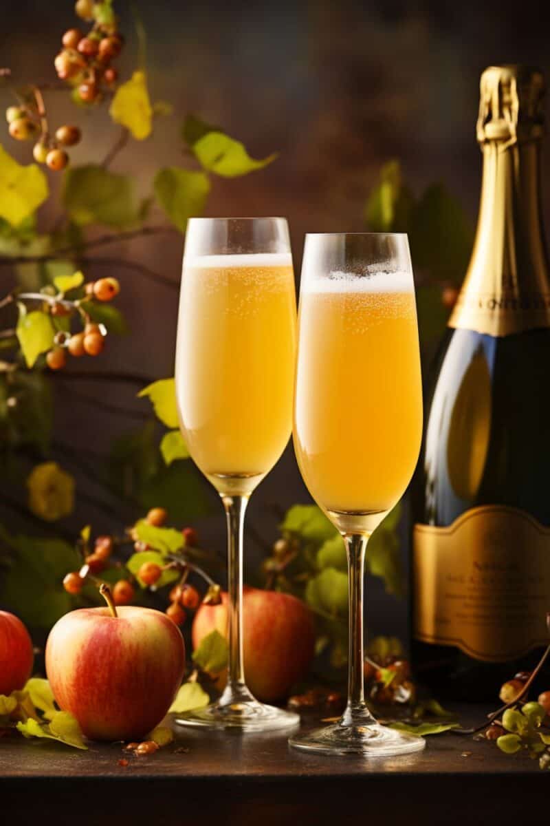 A festive setting featuring two glasses of Apple Cider Mimosa, with a cozy ambiance perfect for holiday celebrations.