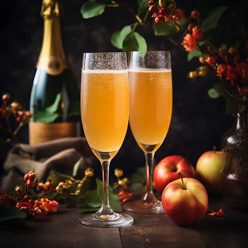A pair of Apple Cider Mimosas on a decorated holiday table, showcasing their effervescence and apple garnishes.