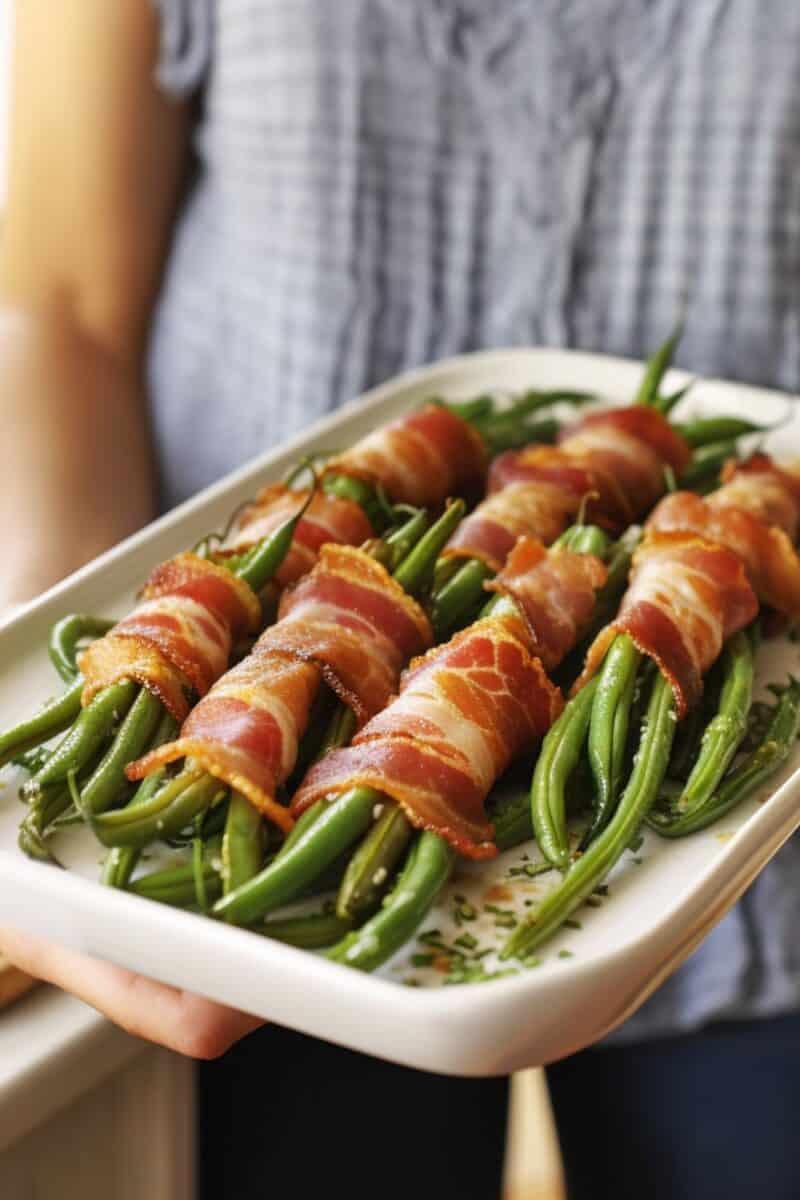 An appetizing photograph of Bacon Wrapped Green Beans, a classic Southern side dish, served elegantly on a plate, highlighting the savory combination of bacon and green beans.