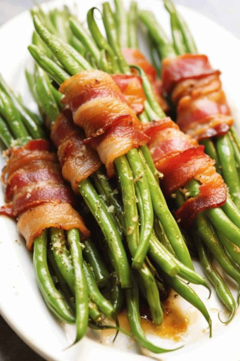 Bacon Wrapped Green Beans elegantly arranged on a Thanksgiving table, adding a touch of Southern charm to the holiday feast.