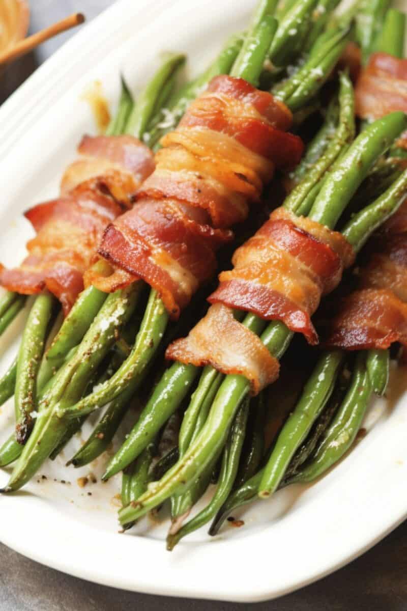Bacon Wrapped Green Beans elegantly arranged on a Thanksgiving table, adding a touch of Southern charm to the holiday feast.