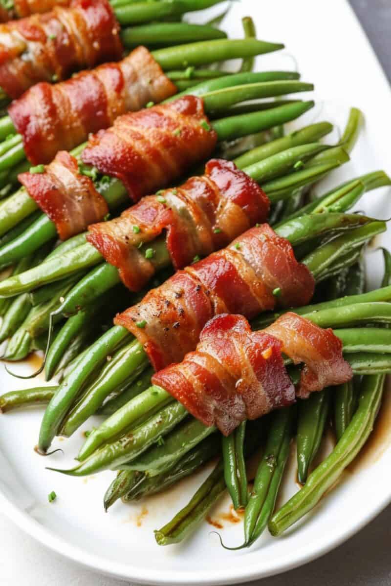 flat lay image of perfectly cooked Bacon Wrapped Green Beans, showcasing the crispy bacon enveloping tender green beans, seasoned with garlic and rosemary.
