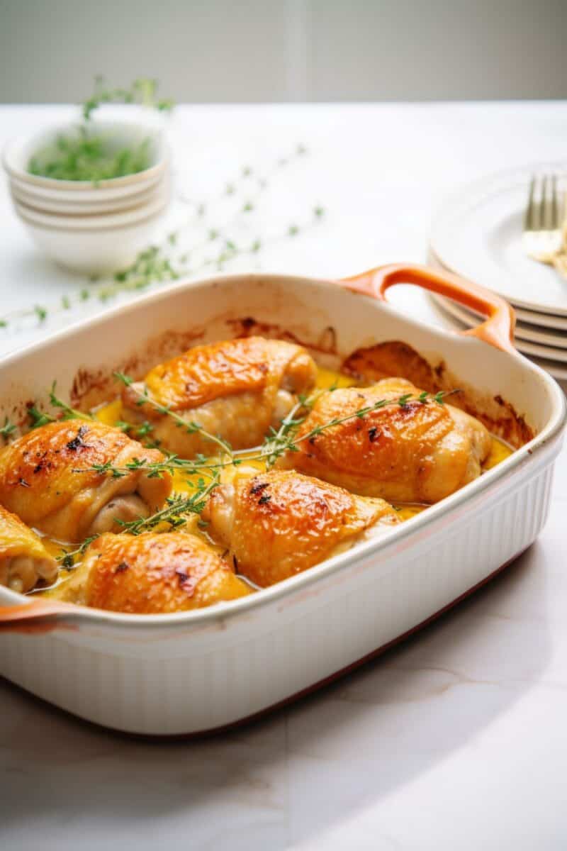 Succulent Chicken in Creamy Garlic Sauce: Juicy baked chicken breast generously smothered in a creamy garlic butter sauce, garnished with fresh herbs.