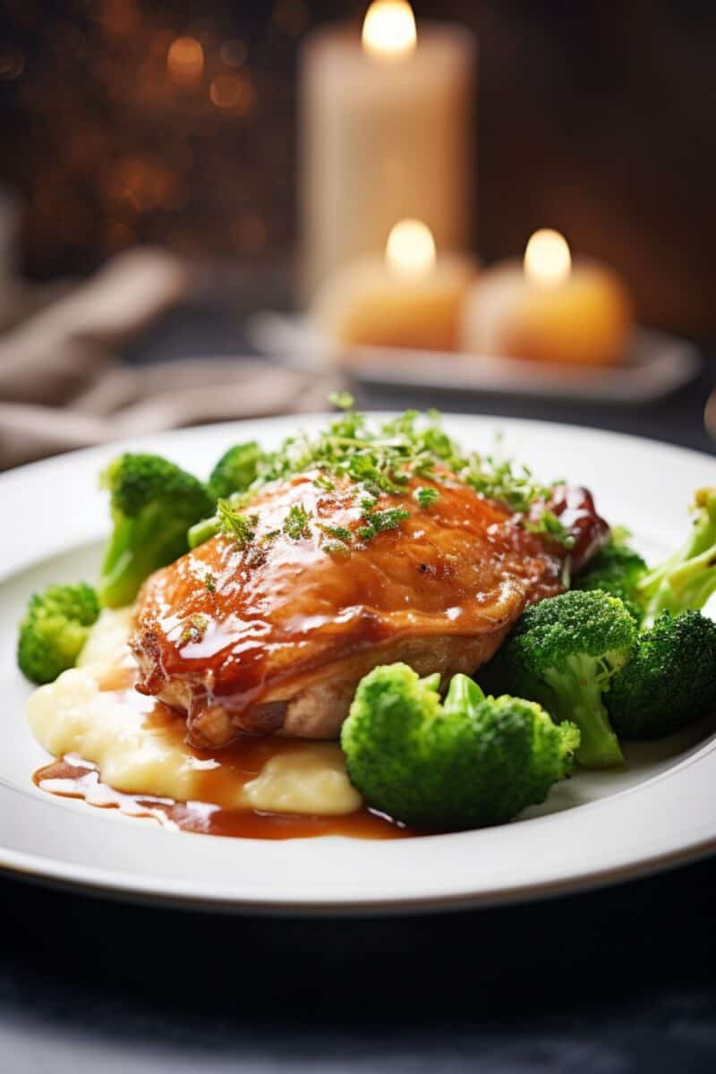 Oven-baked chicken breast in a luscious garlic butter sauce, presented on a plate alongside vibrant steamed vegetables.