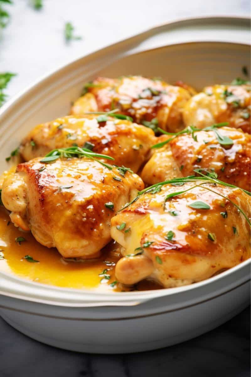 A golden-brown chicken breast basted in a glossy garlic butter sauce, garnished with freshly chopped herbs.