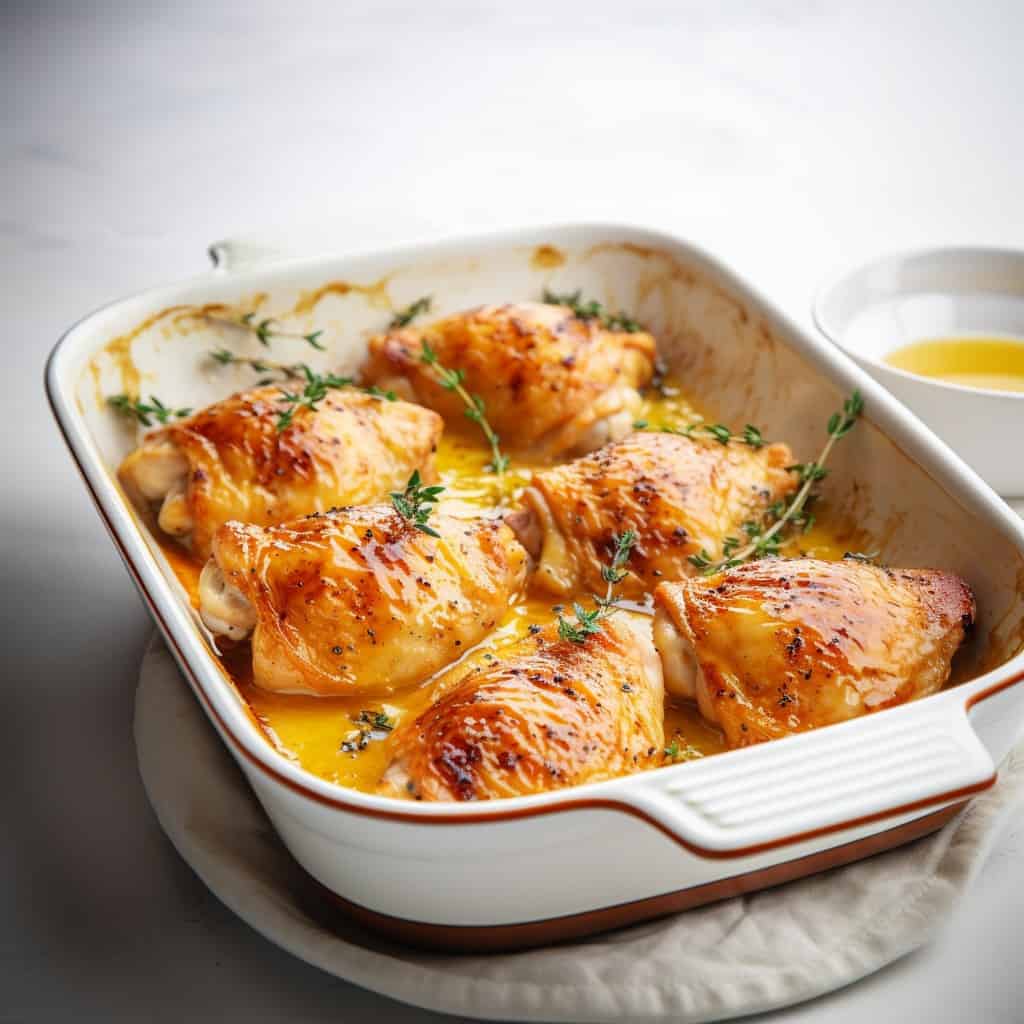 golden-brown chicken breast smothered in a creamy garlic butter sauce, garnished with fresh herbs.