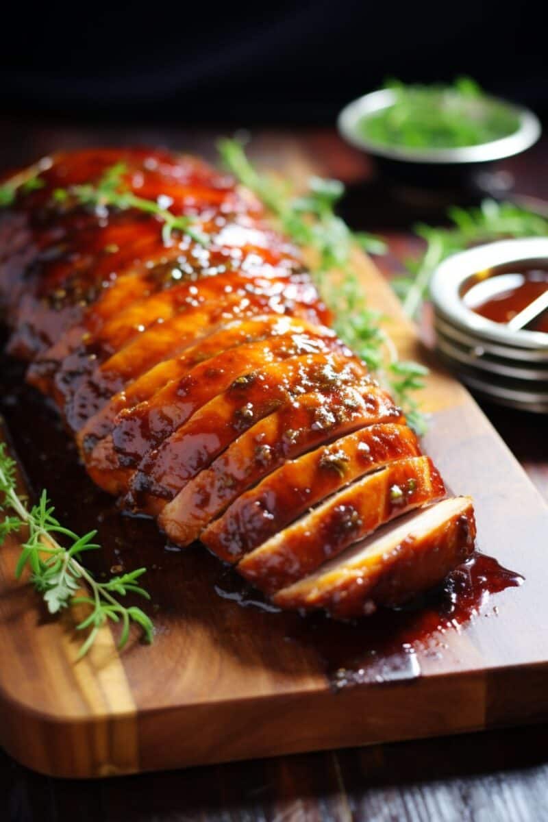 A succulent Brown Sugar Dijon Glazed Pork Loin, beautifully caramelized and served on a white platter, garnished with fresh herbs.