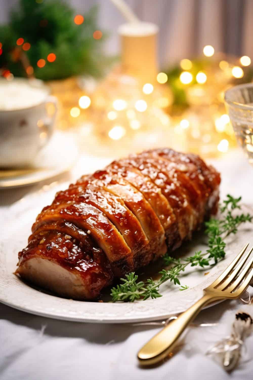 Sliced Brown Sugar Dijon Glazed Pork Loin arranged on a serving dish, displaying the tender, perfectly cooked interior and glazed exterior.