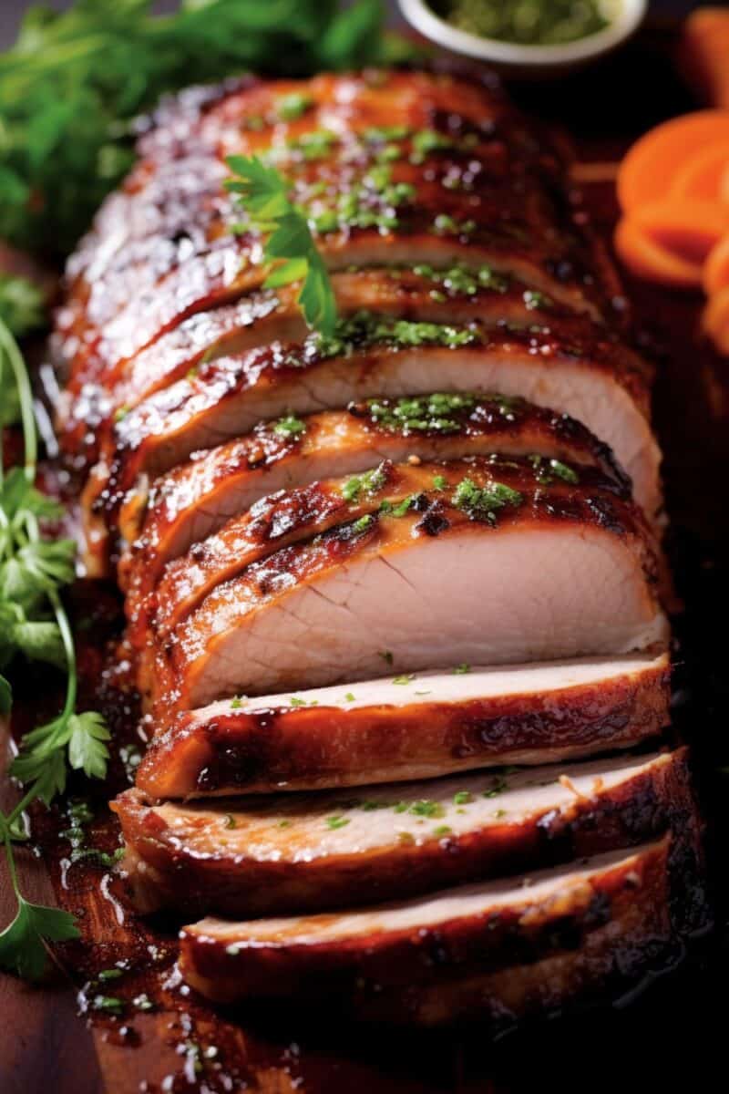 Close-up of a juicy, roasted Brown Sugar Dijon Glazed Pork Loin, showcasing its glossy, caramelized sugar and mustard crust.