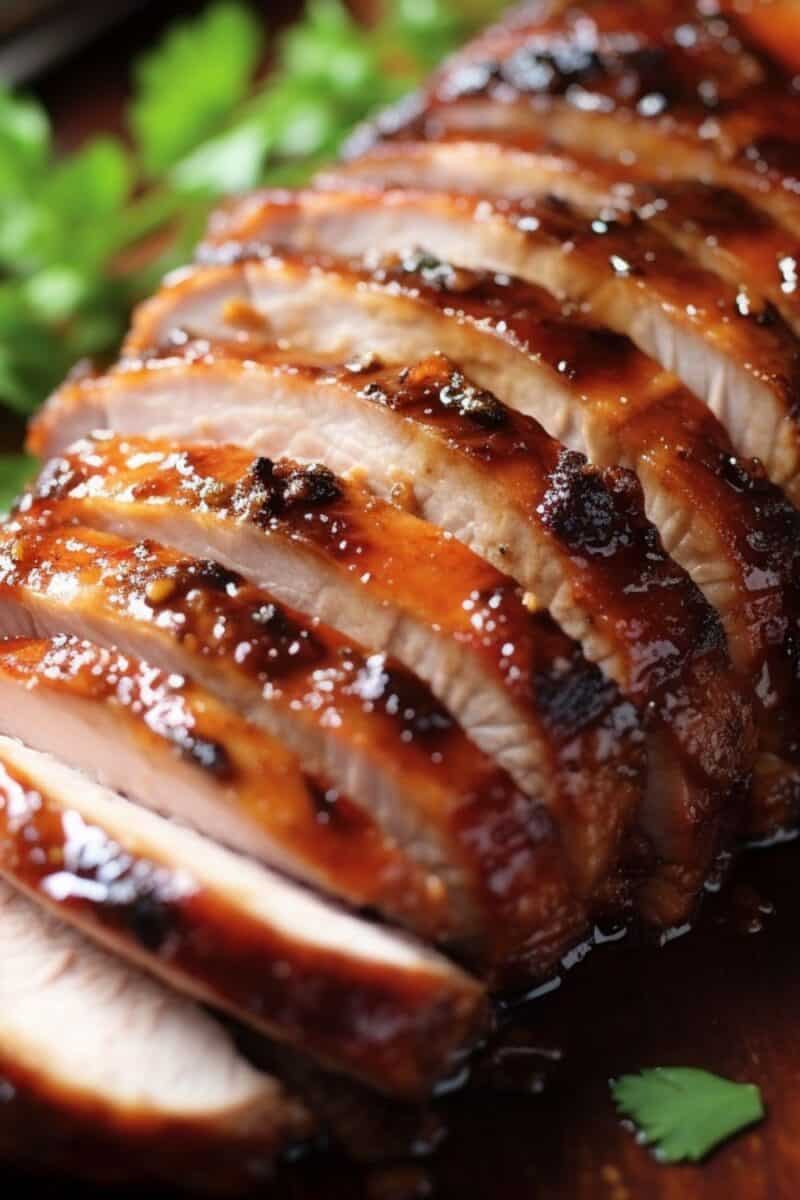 Close-up of a Brown Sugar Dijon Glazed Pork Loin in the roasting pan, with the rich, glossy brown sugar and mustard glaze visible.
