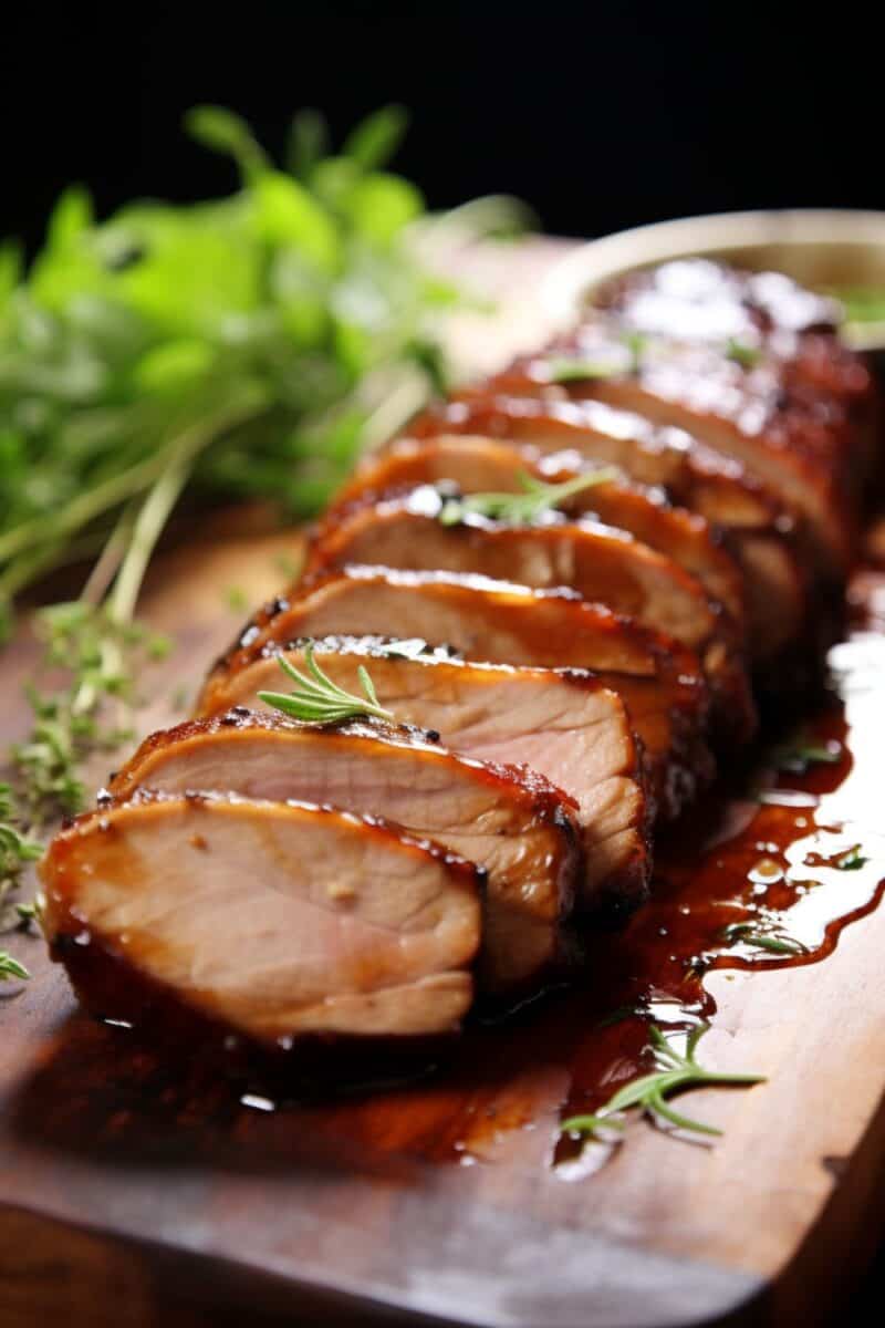 Sliced Brown Sugar Dijon Glazed Pork Loin, revealing the tender, moist interior, with a golden-brown sugary crust on top