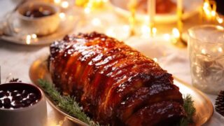 Juicy Brown Sugar Dijon Glazed Pork Loin on a serving platter, garnished with fresh herbs, showcasing its caramelized glaze