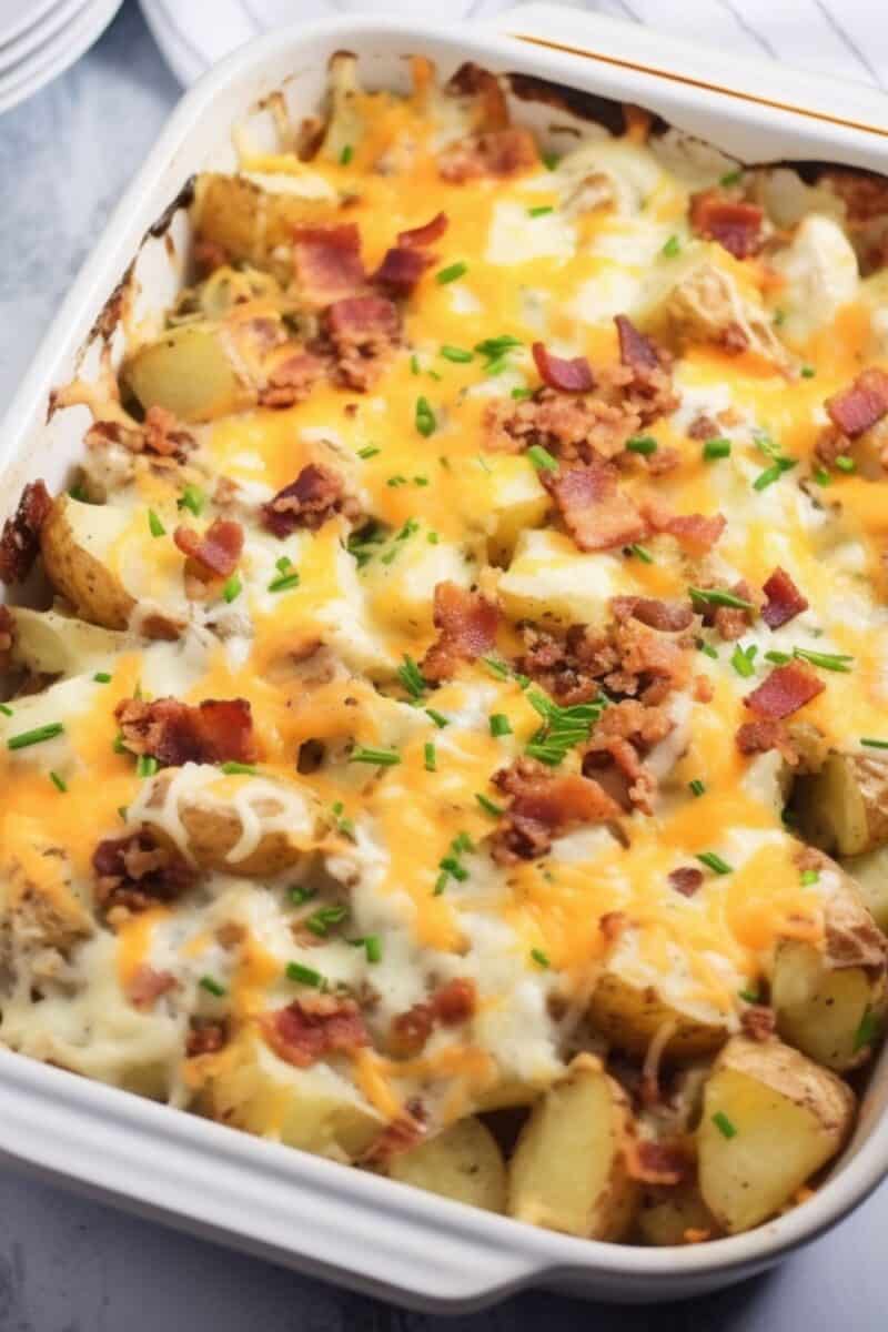 Overhead shot of a baking dish filled with Cheesy Bacon Ranch Potatoes, ready to be served.